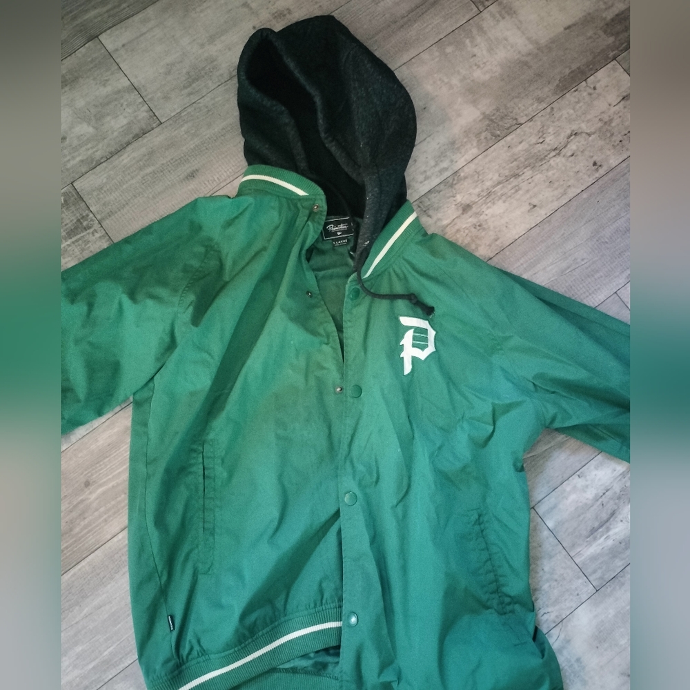 men's hooded varsity jacket